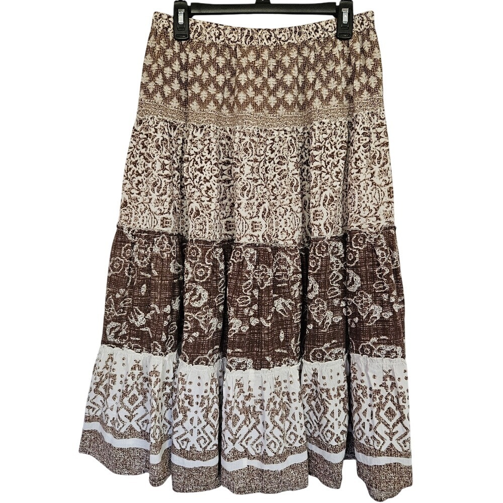 Brown White‎ Cotton Tiered Maxi Skirt Boho Print Womens Medium Bohemian Neutral